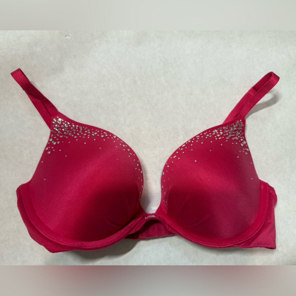 Victorias Secret Plunge Bra Padded Solid Pink Magenta with Rhinestones- Size 32D